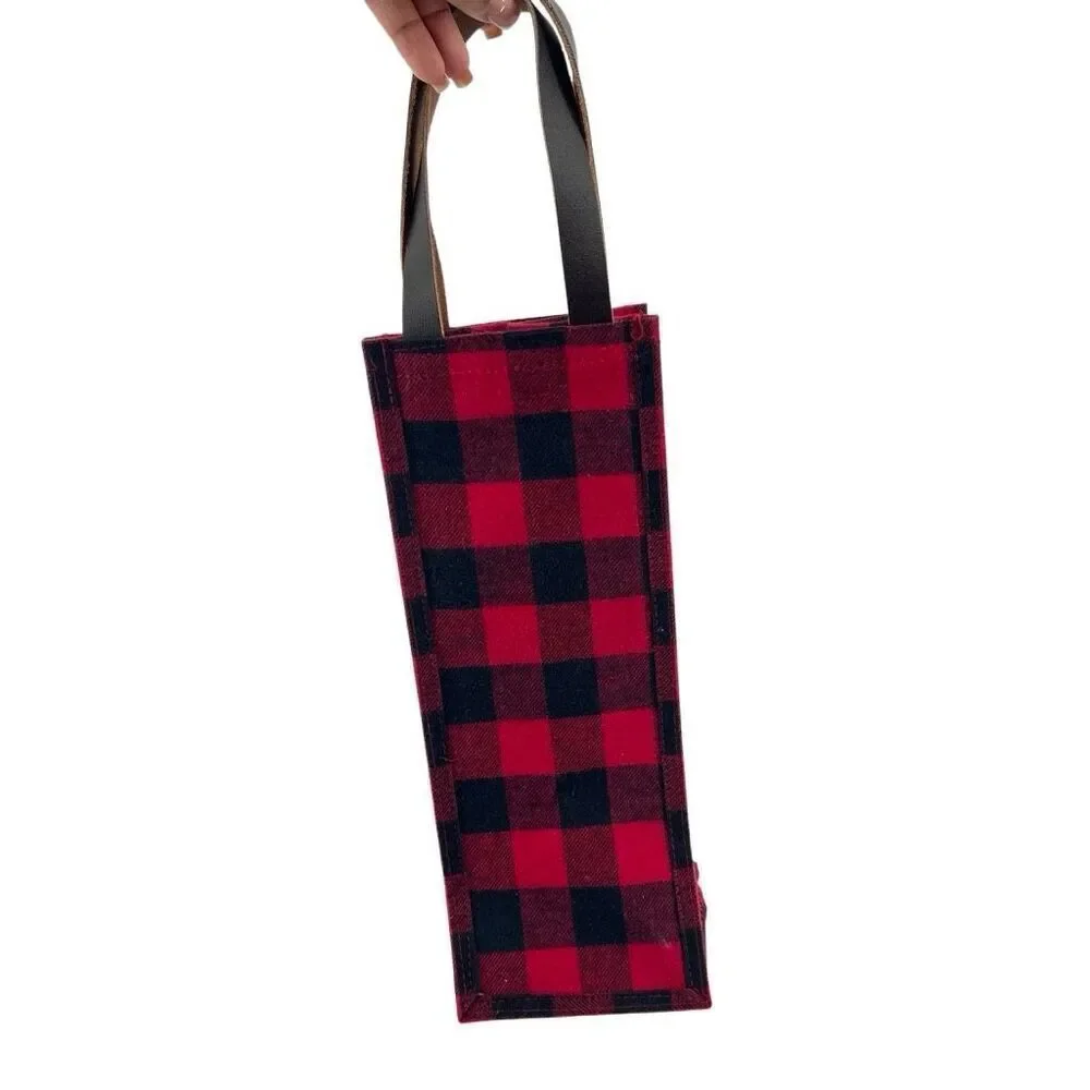 Farmhouse Buffalo Check Flannel Wine Bottle Gift Tote Faux Leather Handle
